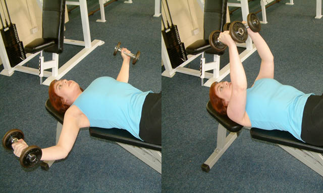 Two-panel photograph of a flat dumbbell chest fly.