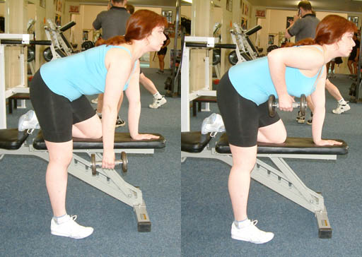 Two-panel photograph of a bench-supported one-arm dumbbell row.